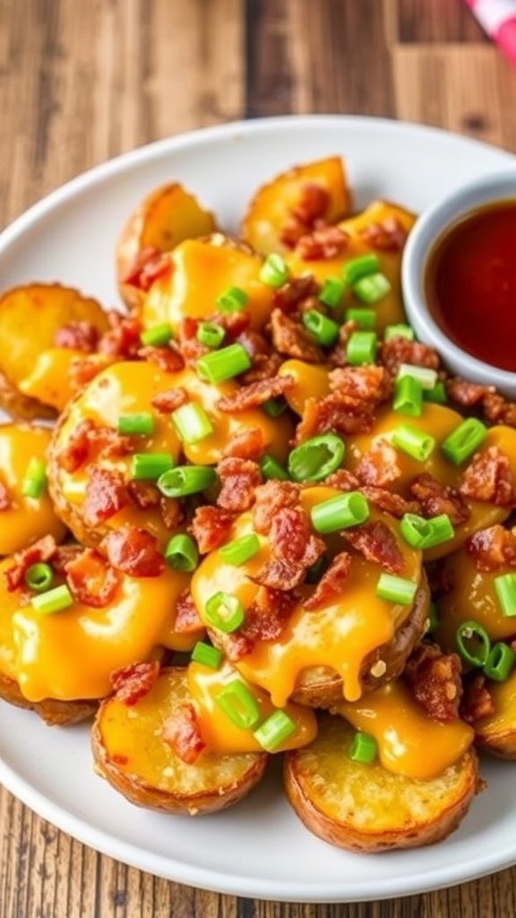 Crispy Air Fryer Potatoes with Cheese and Bacon Crispy air fryer potatoes with cheese and bacon on a plate, garnished with green onions.